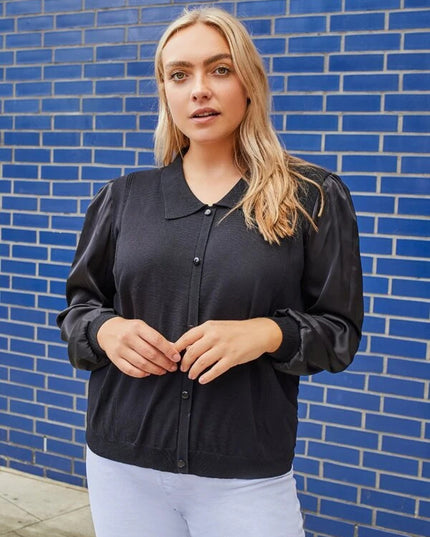 Plus Size Women's Knit Cardigan With Collar & Patchwork Design - Stylish Long Sleeve Casual Sweater For Fall & Spring