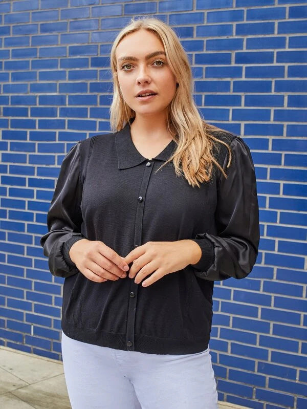Plus Size Women's Knit Cardigan With Collar & Patchwork Design - Stylish Long Sleeve Casual Sweater For Fall & Spring