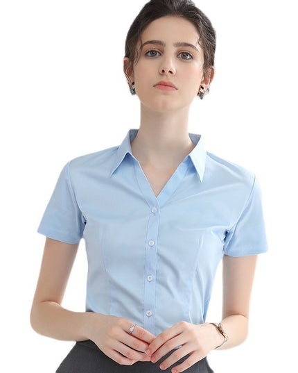 Women's White Short-sleeved Shirt V-neck Working Clothes