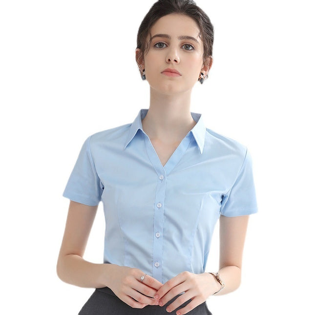 Women's White Short-sleeved Shirt V-neck Working Clothes