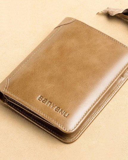 Men's Short Matte Leather Tri-fold Vertical Wallet