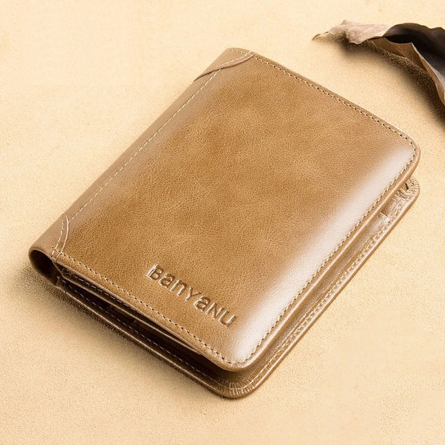 Men's Short Matte Leather Tri-fold Vertical Wallet