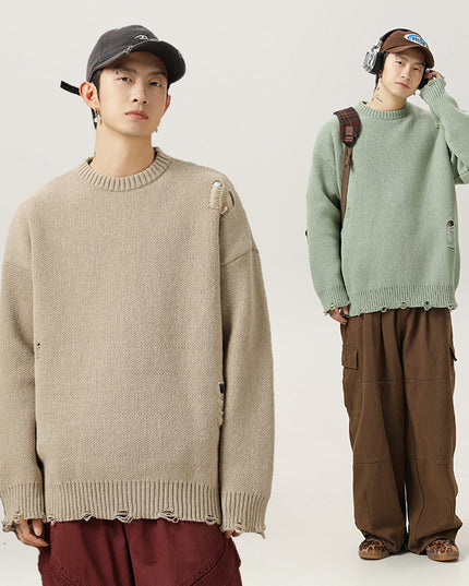 Retro Hollow-out Ripped Design Round Neck Sweater