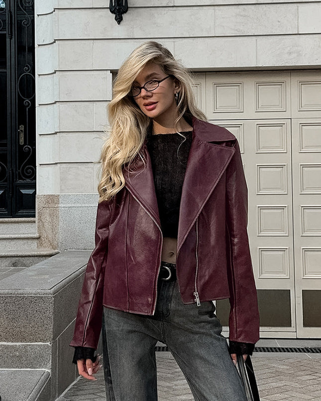 Wine Red Faux Leather Suit Collar Long Sleeve Jacket