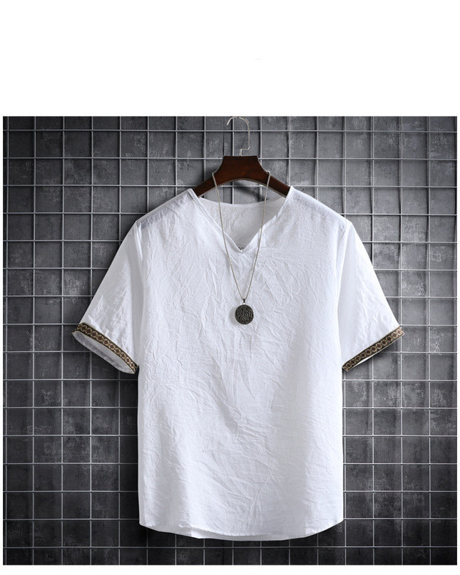 Vintage Linen V-Neck Short Sleeve T-Shirt Running Volume