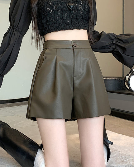 High Waist Casual Pants Brown Loose Wide-leg Leather Pants