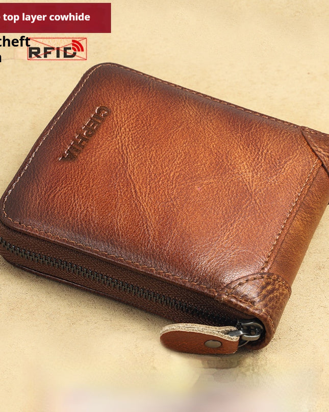 Men's Wallet Leather Short Anti-theft Swiping Zipper Multifunctional