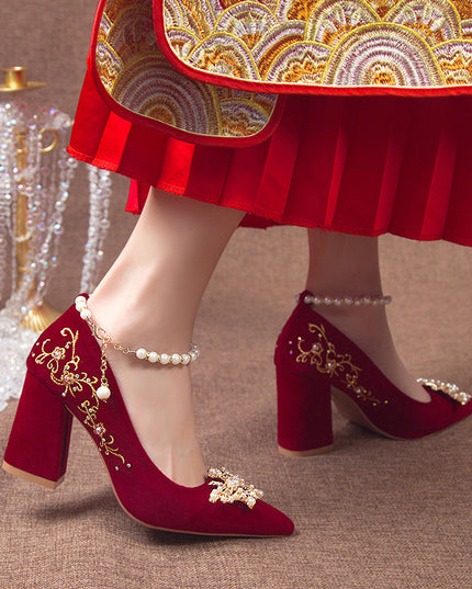 Wine Red Pointed Toe Chunky Heel Wedding Shoes For Women