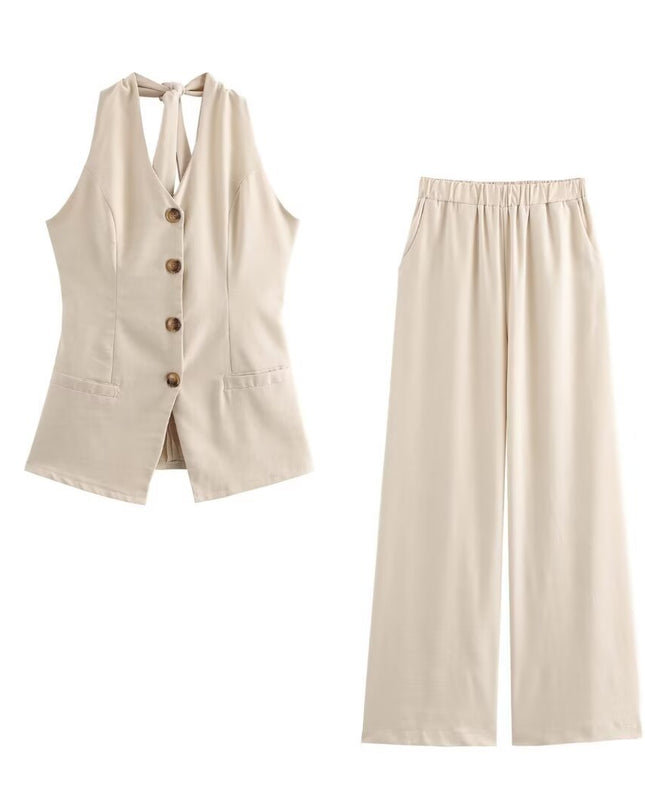 Classic Style Cotton And Linen Halterneck Vest Suit Women's Summer High-grade Trousers