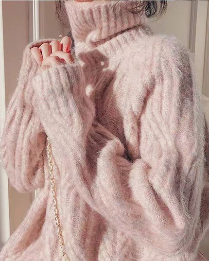 Autumn And Winter New Loose Outer Wear Thick Retro Cable-knit Turtleneck Sweater For Women