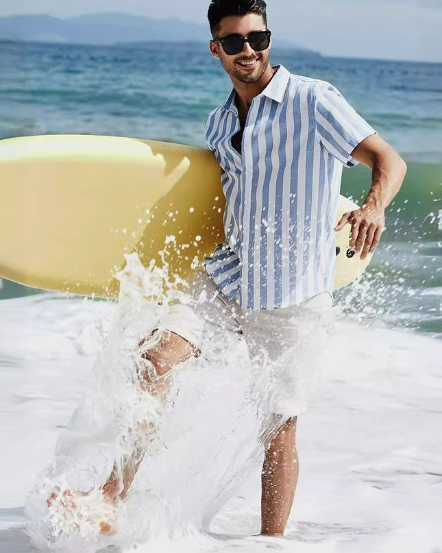 Casual Fashion Short Sleeve Striped Dress Shirt Cotton Beach Shirt