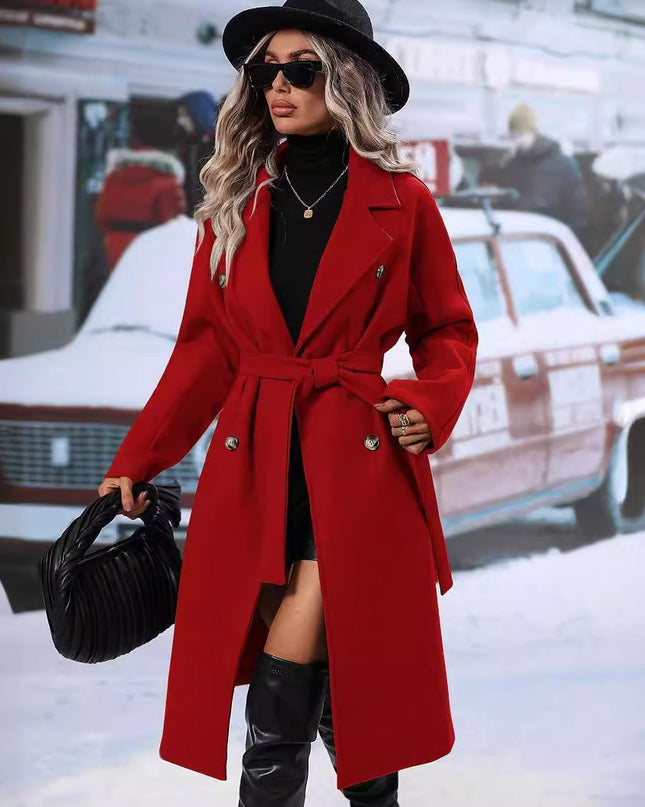 Autumn And Winter Solid Color Double Breasted Lace-up Woolen Coat