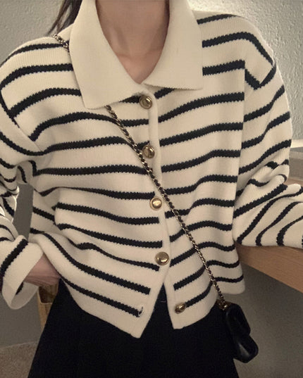 South Korea Chic Winter Retro Anti-aging Lapel Contrast Color Striped Jacquard Metal Button Long Sleeve Knitted Sweater Coat