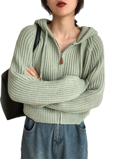 Korean Simple Short Hood Cardigan Wool Sunken Stripe