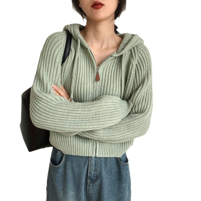 Korean Simple Short Hood Cardigan Wool Sunken Stripe