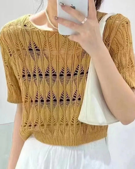 Hollow-out Ice Silk Sweater Short Sun-drying Shirt Top Short Sleeve