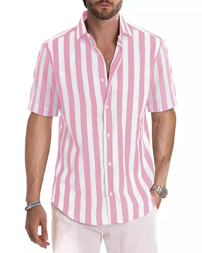 Summer European And American Men's Beach Casual Sports Yarn-dyed Striped Short-sleeved Lapel Shirt