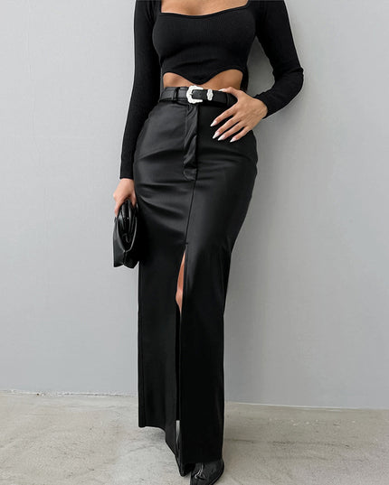 French Style Khaki PU Leather Skirt Women's Simple Split High Waist Straight Dress