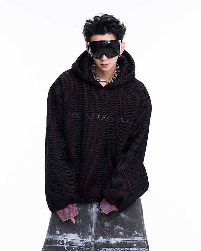 Niche Hollow Out Knitmesh Hooded Fleece Lined Sweater