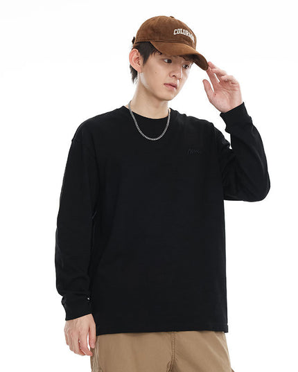 Pure Color Slub Cotton Long Sleeve T-shirt Simple Embroidered Crew Neck Cotton Base Shirt