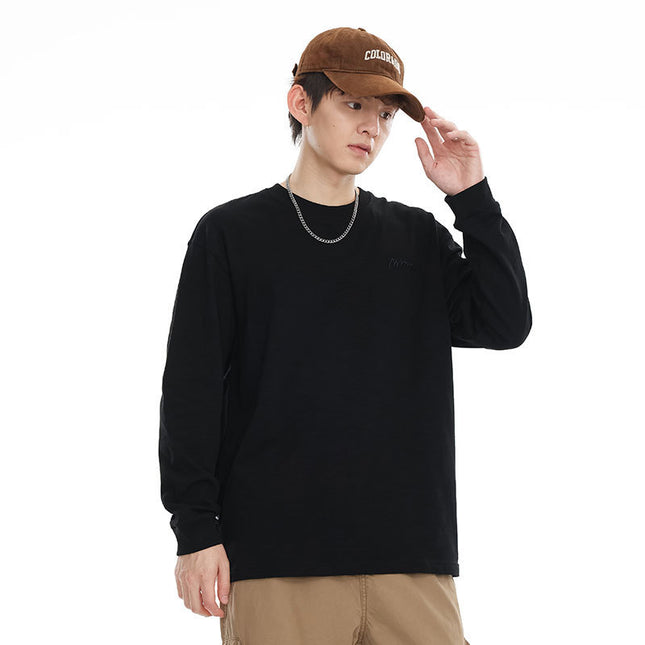 Pure Color Slub Cotton Long Sleeve T-shirt Simple Embroidered Crew Neck Cotton Base Shirt