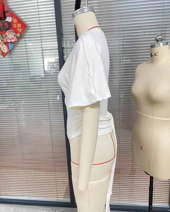 Casual Simple Solid Color Half Sleeves Back Bandage Top