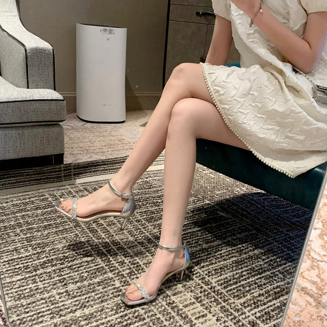 Braided  Diamond Word With Square Toe  Toe Stiletto Temperament Sandals
