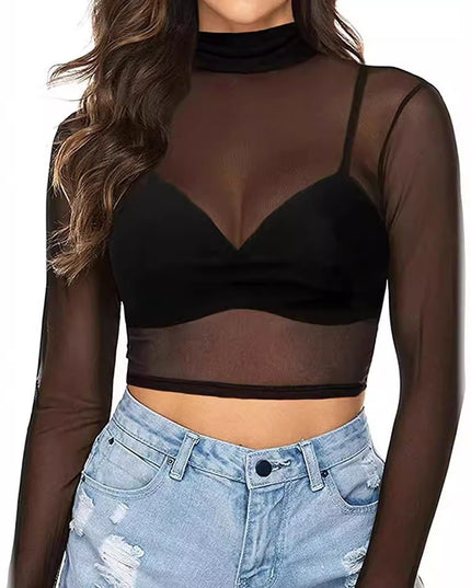 Simple And Sexy Slim-fit See-through Tight Long Sleeve Mesh Top For Women