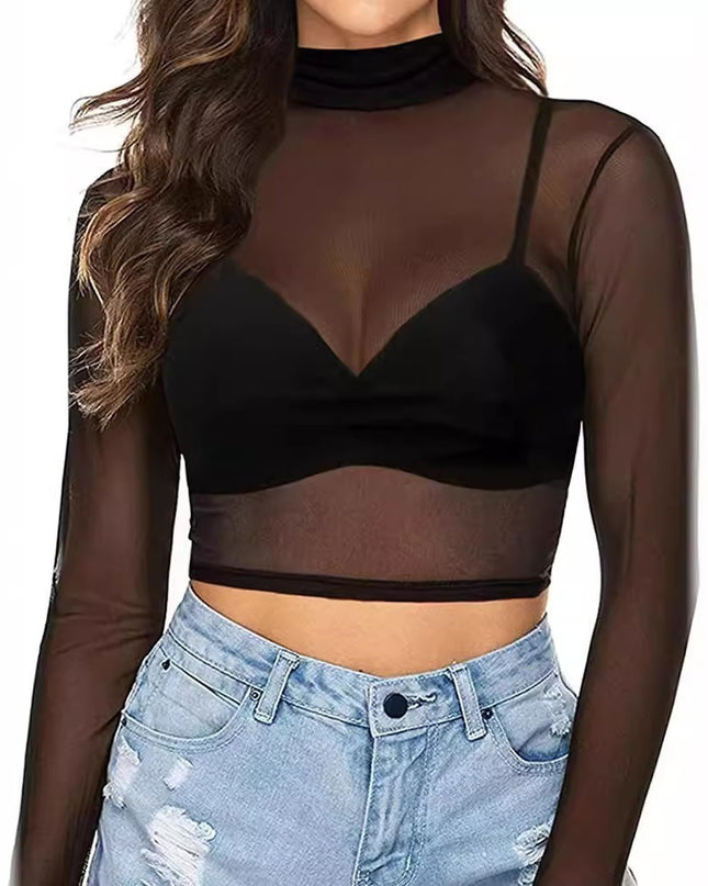 Simple And Sexy Slim-fit See-through Tight Long Sleeve Mesh Top For Women