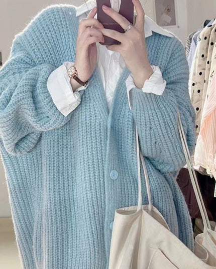 V-neck Knitted Cardigan Women's Thick Needle Loose Sweater