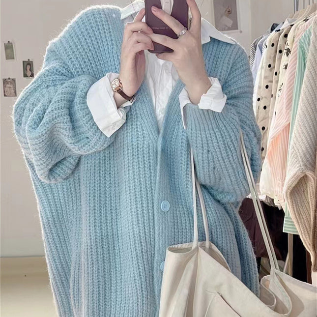 V-neck Knitted Cardigan Women's Thick Needle Loose Sweater