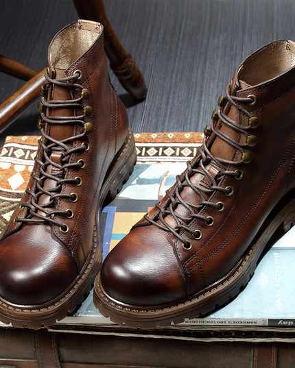 Martin Boots Men's Leather Shoes High-top Retro Plus Velvet Leather  Thick-soled Soft Leather