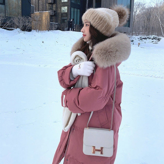 White Duck Down Jacket Women's Mid-length Big Fur Collar Loose Thick