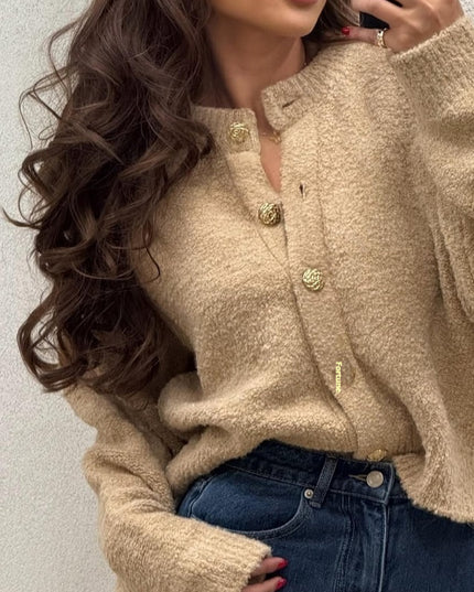Round Neck Button Solid Color Sweater Knitwear