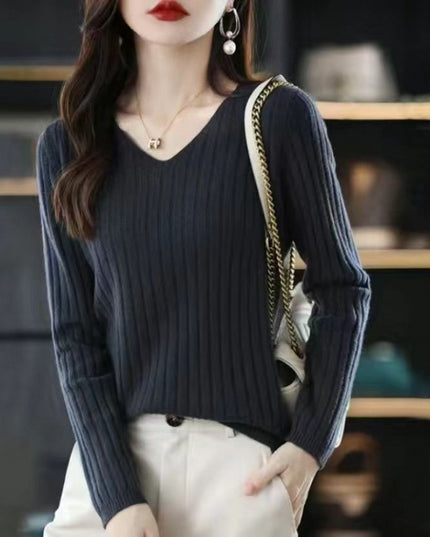 Slim V-neck Pullover Long Sleeve Knitted Sweater