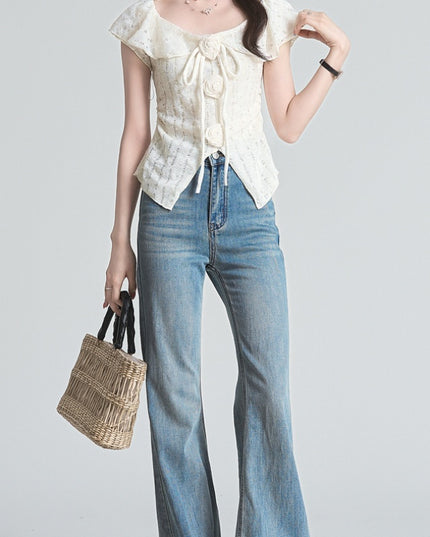French Style Three-dimensional Flower Strap Short Sleeve