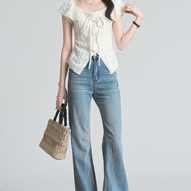 French Style Three-dimensional Flower Strap Short Sleeve