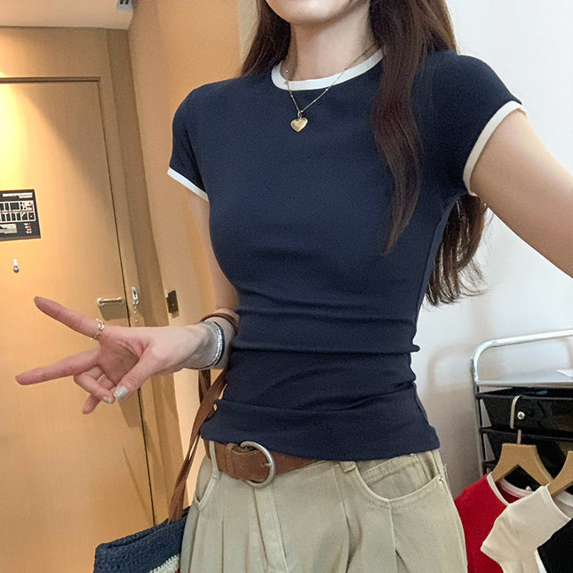Korean Chic Color Contrast Patchwork Shoulder Round Neck Short Sleeve