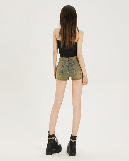 Mud Yellow Stretch Denim Shorts For Women