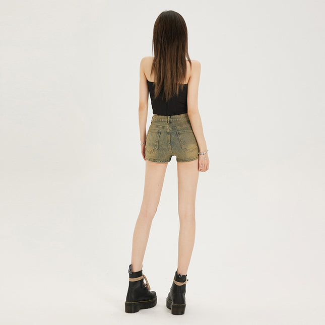Mud Yellow Stretch Denim Shorts For Women