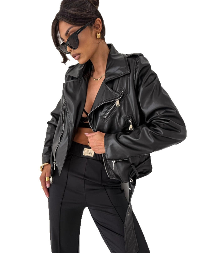 European And American Short Poly Urethane Leather Coat Top Zip Jacket