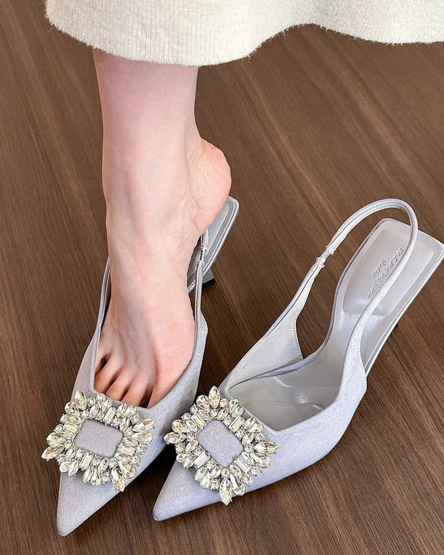 Pointed-toe Square Buckle Rhinestone High-heeled Sandals