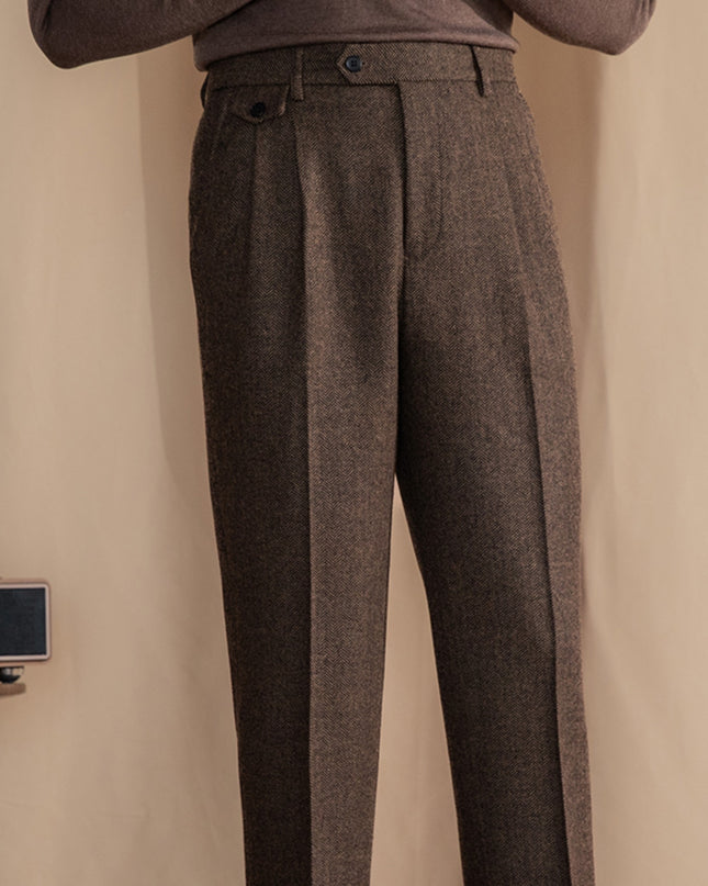 Retro British Wool Herringbone Trousers