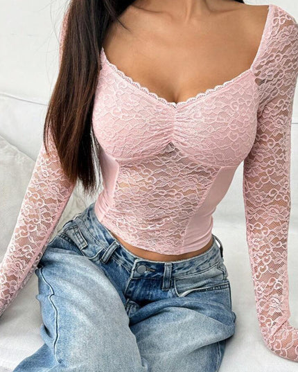 European And American Women's V-neck Long Sleeves Cropped Lace Short Top