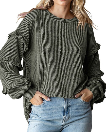 Women's Lantern Sleeve Round Neck Lace Sleeve Top