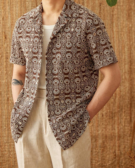 Vintage Embroidered Cotton Casual Cuban Collar Short Sleeve Printed Shirt