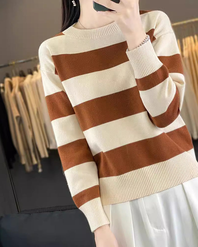 Women's Round Neck Sweater Loose-fitting Striped Long Sleeves
