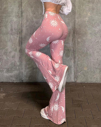 Starry Sun Pattern Printed High Waist Flared Pants