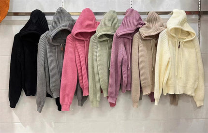 Korean Simple Short Hood Cardigan Wool Sunken Stripe