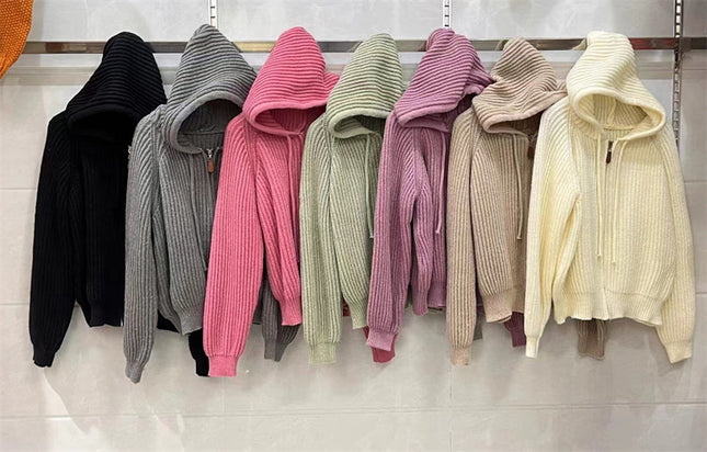 Korean Simple Short Hood Cardigan Wool Sunken Stripe